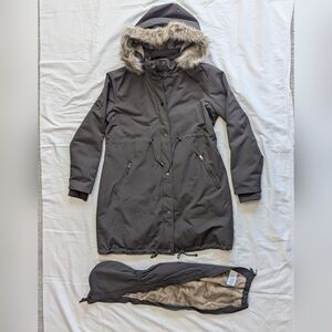 Seraphine Gray Maternity Parka With Fur Trim Hood And Baby Cover